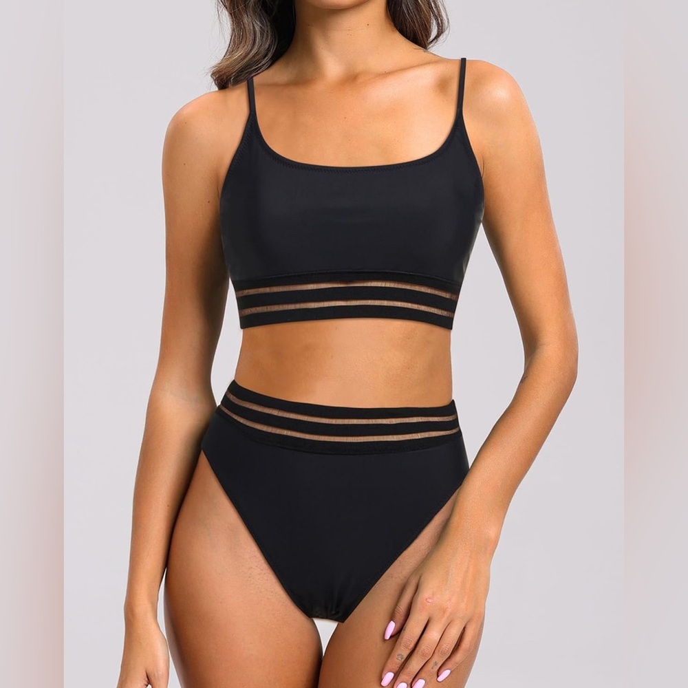NWT Black Mesh High Waisted Bikini Set